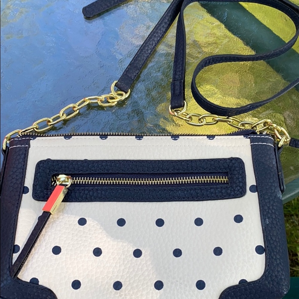Navy pleather polka dot crossbody side bag